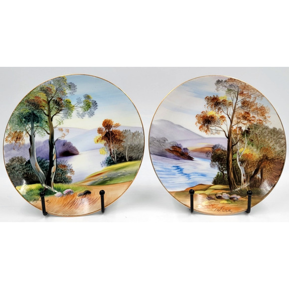 Two UCAGCO China Hand Painted Landscape Plates Gold Trim Japan 1950s Signed Art - Picture 4 of 10